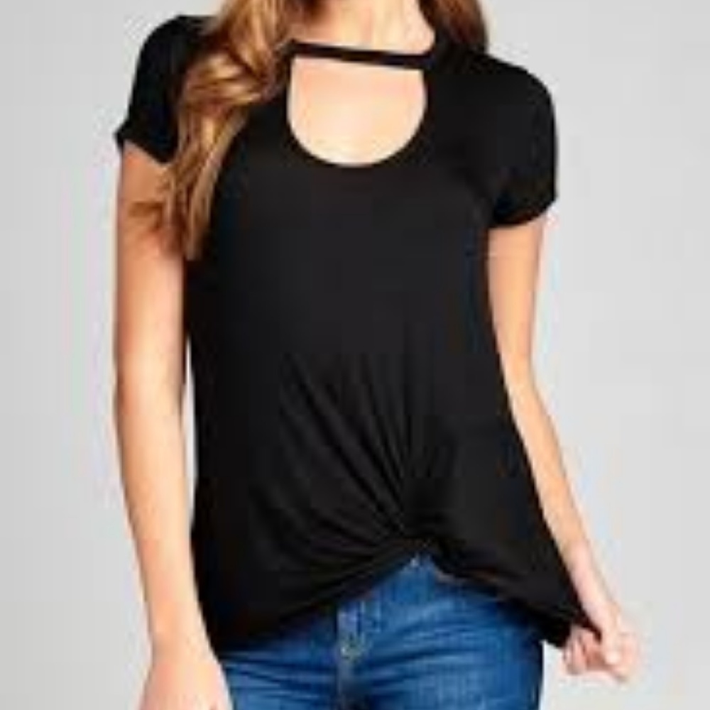 Black short sleeve T shirt with choker neckline Boho S NWT
